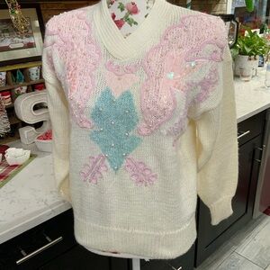 Vintage Jaclyn Smith Sweater Womens Medium Cream Pink Beaded Sequins Feminine